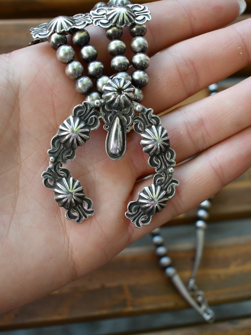 Sterling Silver Navajo-Style Squash Blossom Necklace with Earrings - Silver - Picture 5 of 10